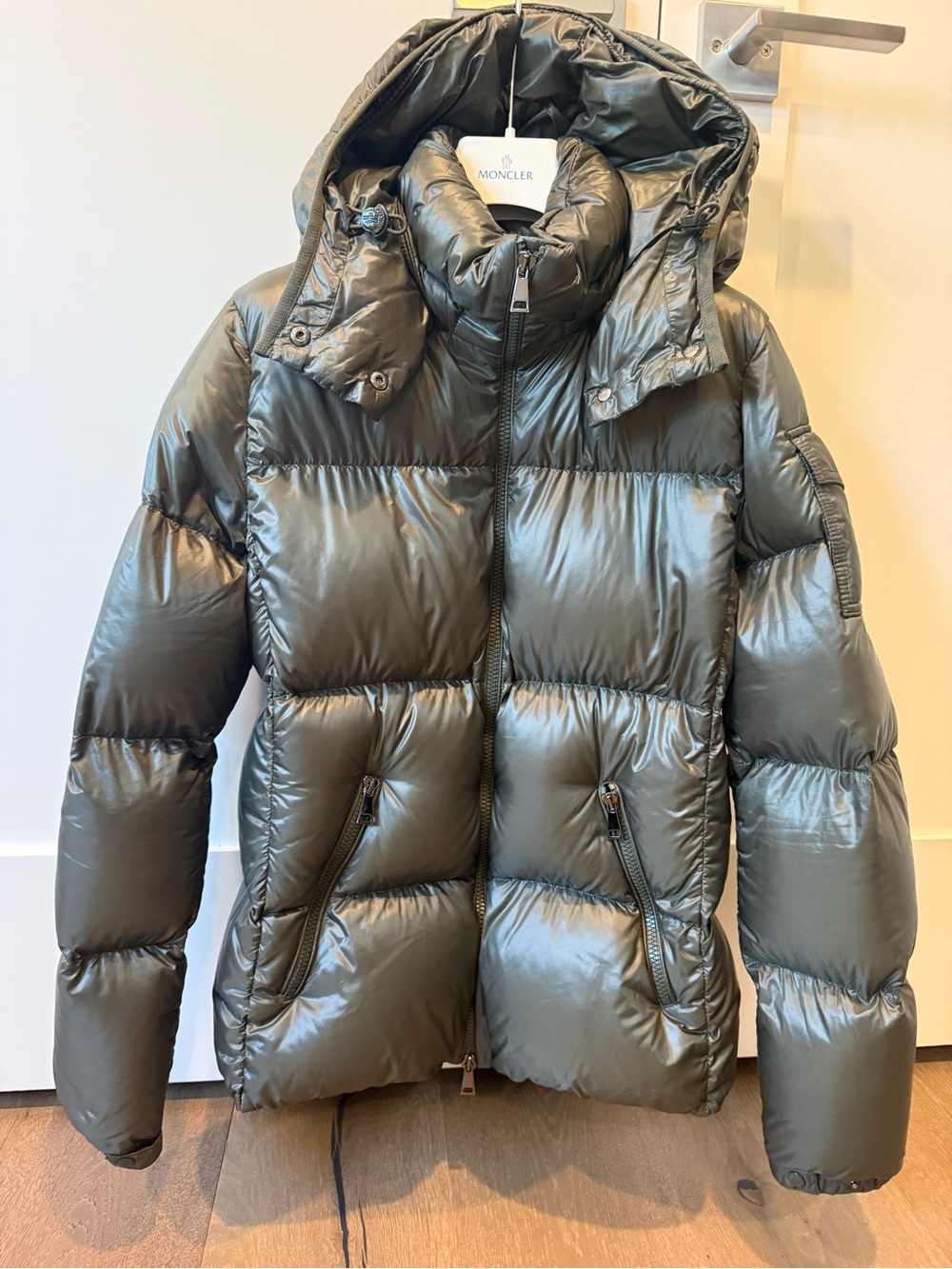 Moncler Women's Fourmine Olive Green Hooded Down Puffer Jacket Size 2